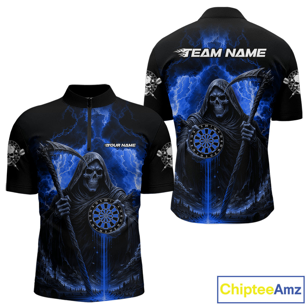 Custom Lightning Blue Grim Reaper Dartboard Dart 1/4-Zip Shirt For Men Dart Team Jerseys NYN1419