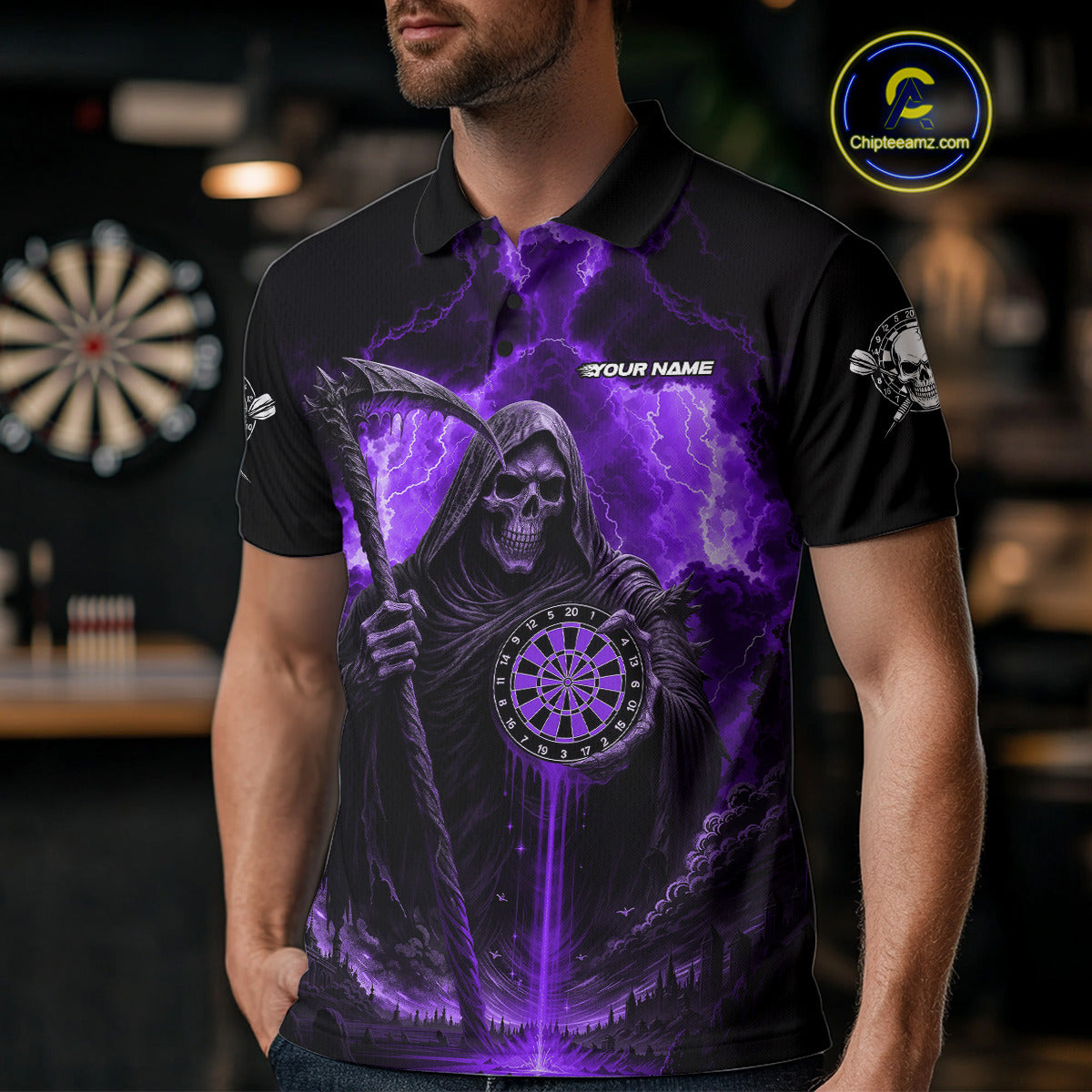 Custom Lightning Purple Grim Reaper Dartboard Dart Polo Shirt For Men Dart Team Jerseys NYN1420