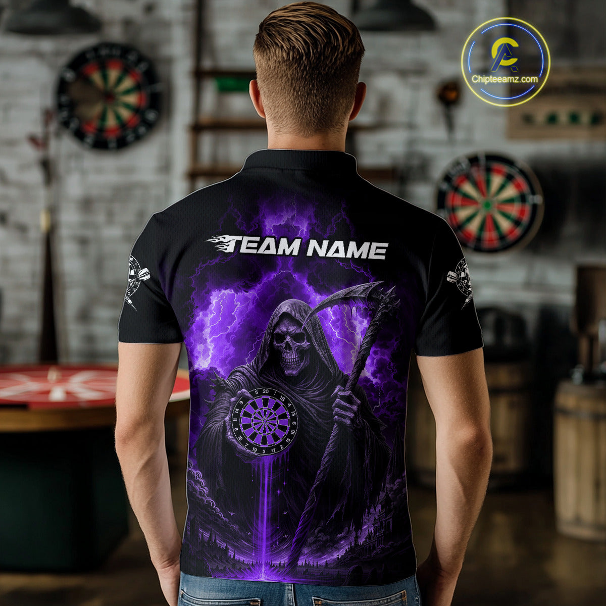 Custom Lightning Purple Grim Reaper Dartboard Dart Polo Shirt For Men Dart Team Jerseys NYN1420