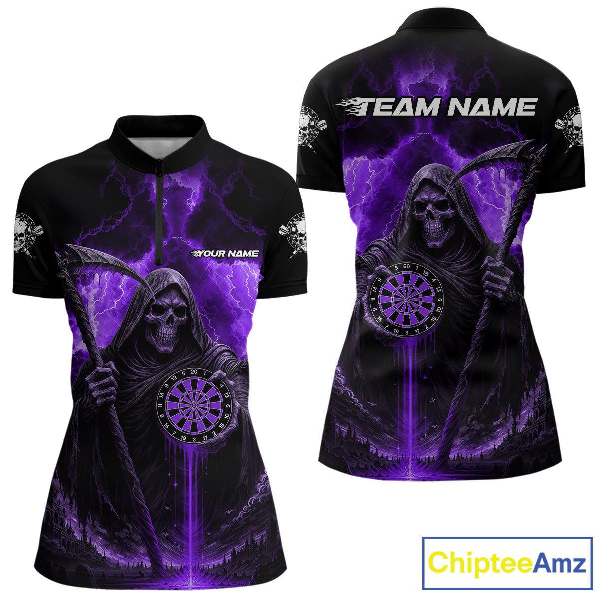 Custom Lightning Purple Grim Reaper Dartboard Dart 1/4-Zip Shirt For Women Dart Team Jerseys NYN1420