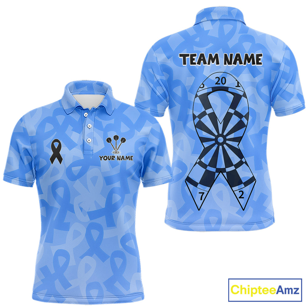Personalized Light Blue Ribbon Mens Darts Polo 1/4-Zip Shirt Prostate Cancer Darts Team Jersey NYN4465