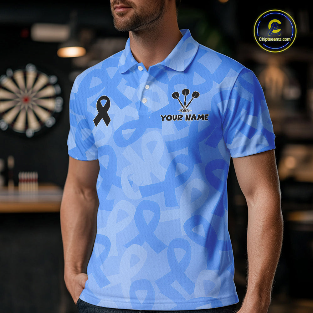 Personalized Light Blue Ribbon Mens Darts Polo 1/4-Zip Shirt Prostate Cancer Darts Team Jersey NYN4465