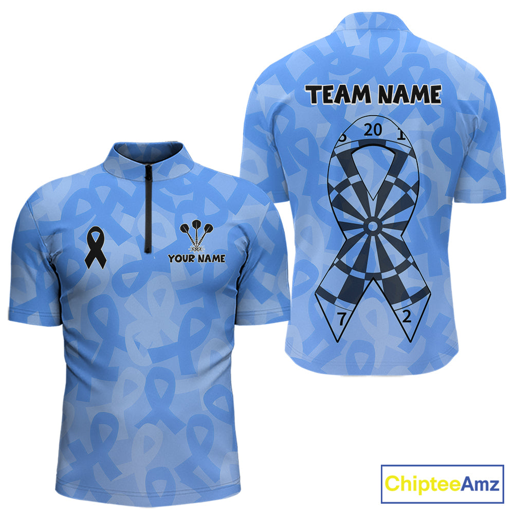 Personalized Light Blue Ribbon Mens Darts Polo 1/4-Zip Shirt Prostate Cancer Darts Team Jersey NYN4465