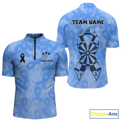 Personalized Light Blue Ribbon Mens Darts Polo 1/4-Zip Shirt Prostate Cancer Darts Team Jersey NYN4465