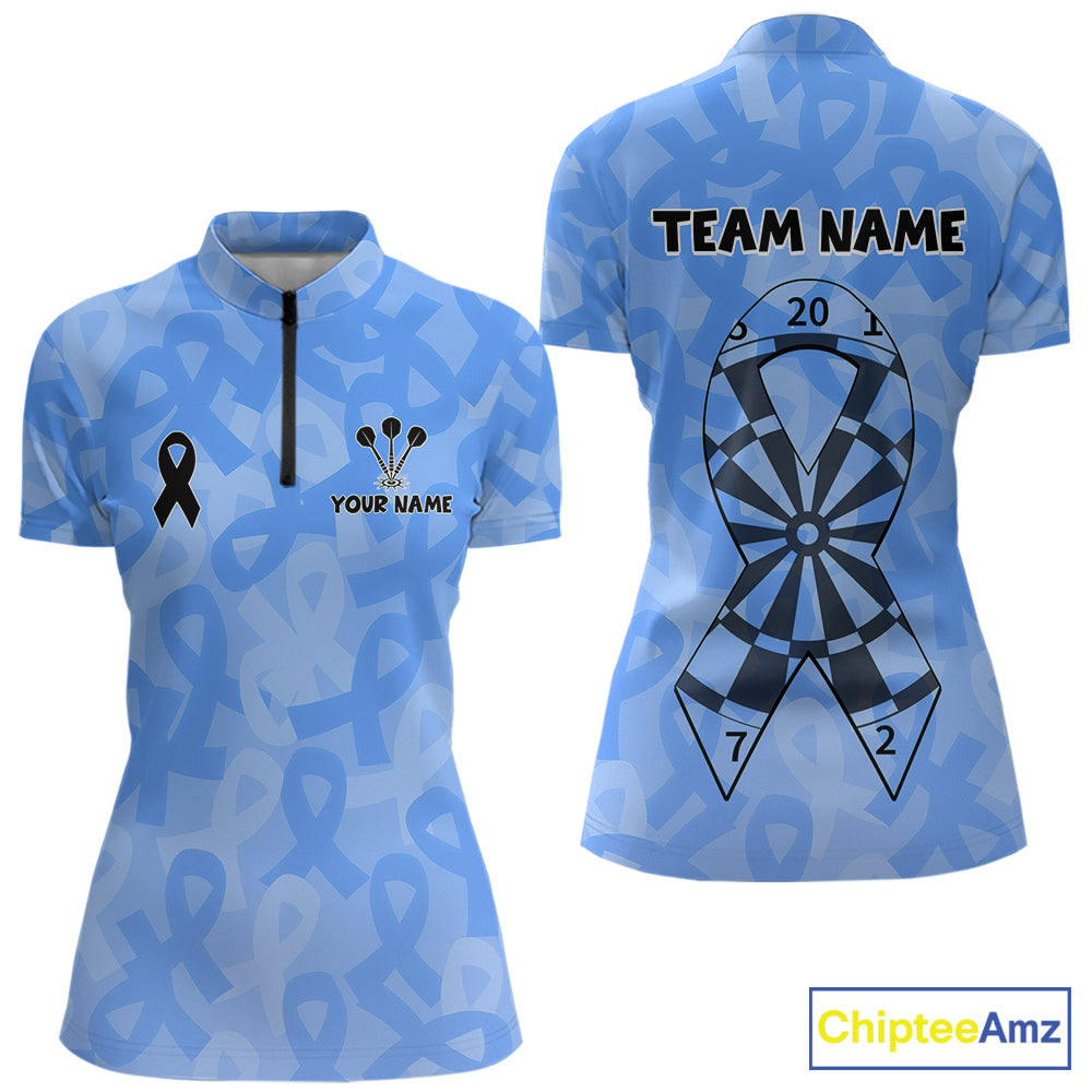 Personalized Light Blue Ribbon Women Darts Polo 1/4-Zip Shirt Prostate Cancer Darts Team Jersey NYN4465
