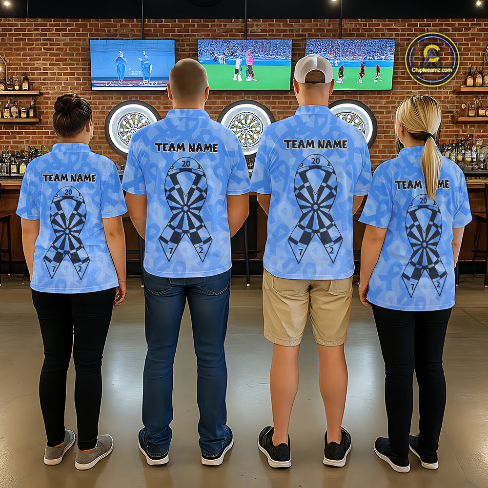 Personalized Light Blue Ribbon Mens Darts Polo 1/4-Zip Shirt Prostate Cancer Darts Team Jersey NYN4465