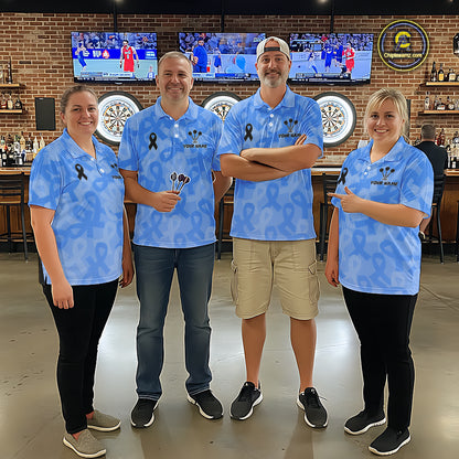 Personalized Light Blue Ribbon Mens Darts Polo 1/4-Zip Shirt Prostate Cancer Darts Team Jersey NYN4465