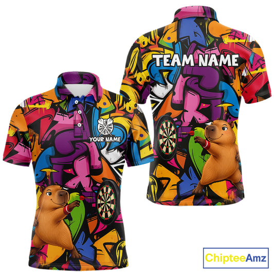 Personalized Capybara Darts Polo 1/4-Zip For Men Shirt Custom Graffiti Street Funny Darts Team Uniform NYN4469
