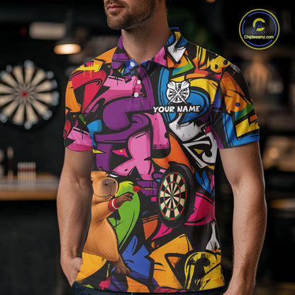 Personalized Capybara Darts Polo 1/4-Zip For Men Shirt Custom Graffiti Street Funny Darts Team Uniform NYN4469