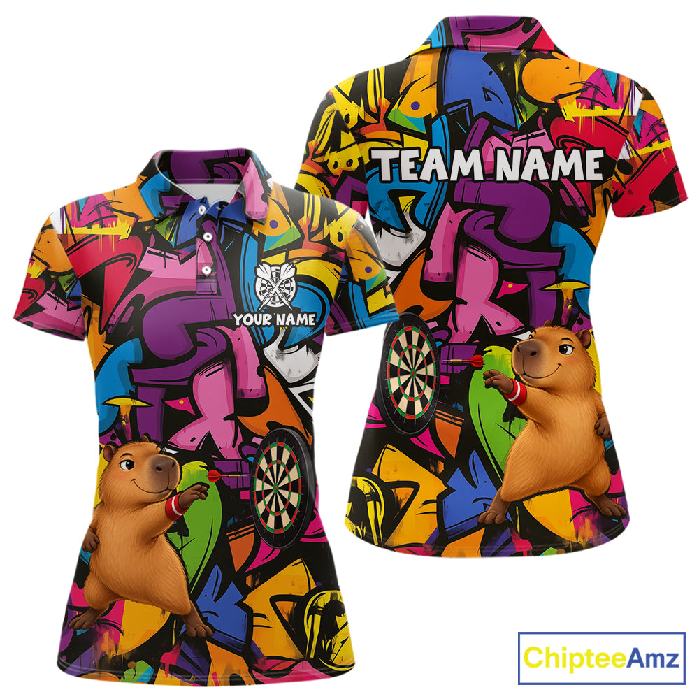 Personalized Capybara Darts Polo 1/4-Zip For Women Shirt Custom Graffiti Street Funny Darts Team Uniform NYN4469