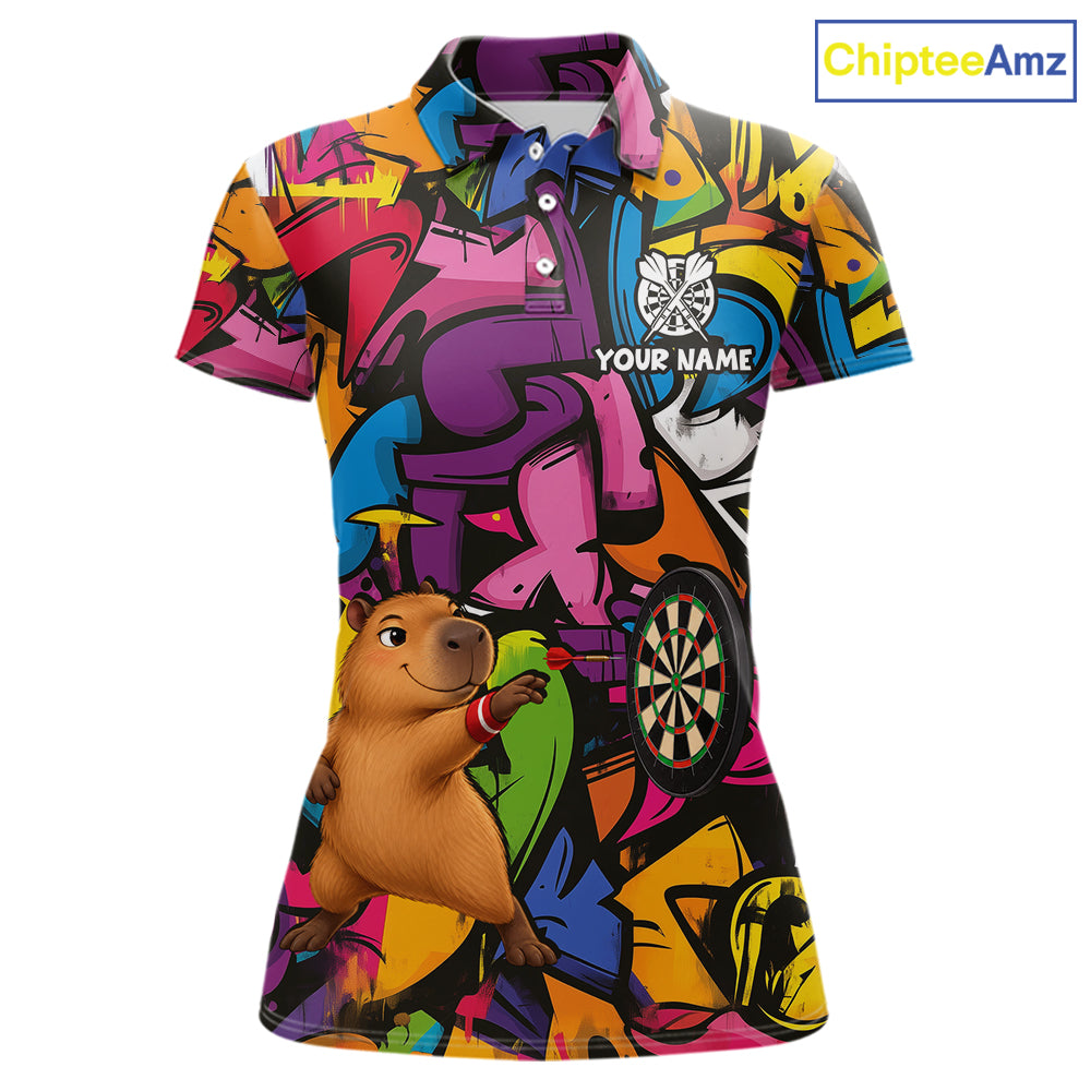 Personalized Capybara Darts Polo 1/4-Zip For Women Shirt Custom Graffiti Street Funny Darts Team Uniform NYN4469
