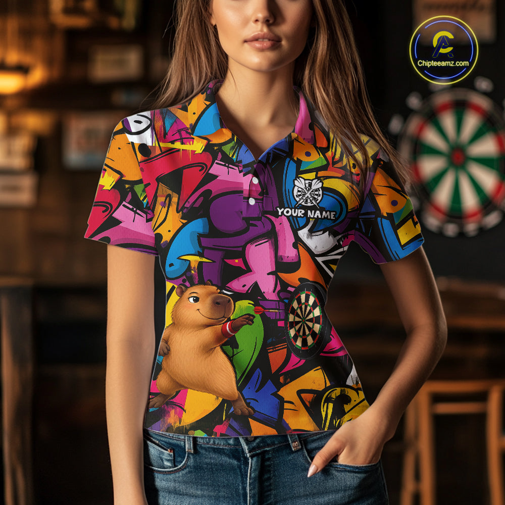 Personalized Capybara Darts Polo 1/4-Zip For Women Shirt Custom Graffiti Street Funny Darts Team Uniform NYN4469
