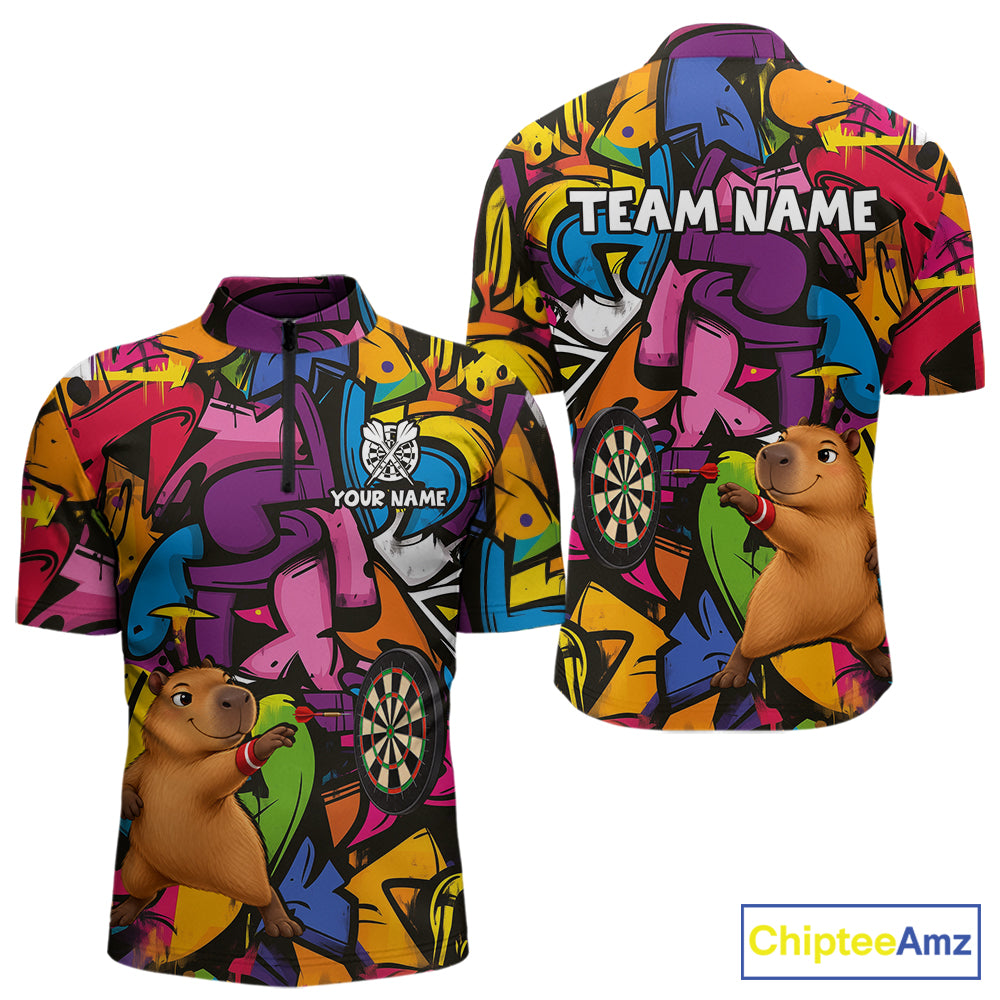 Personalized Capybara Darts Polo 1/4-Zip For Men Shirt Custom Graffiti Street Funny Darts Team Uniform NYN4469
