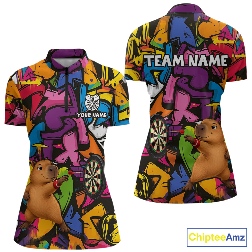 Personalized Capybara Darts Polo 1/4-Zip For Women Shirt Custom Graffiti Street Funny Darts Team Uniform NYN4469