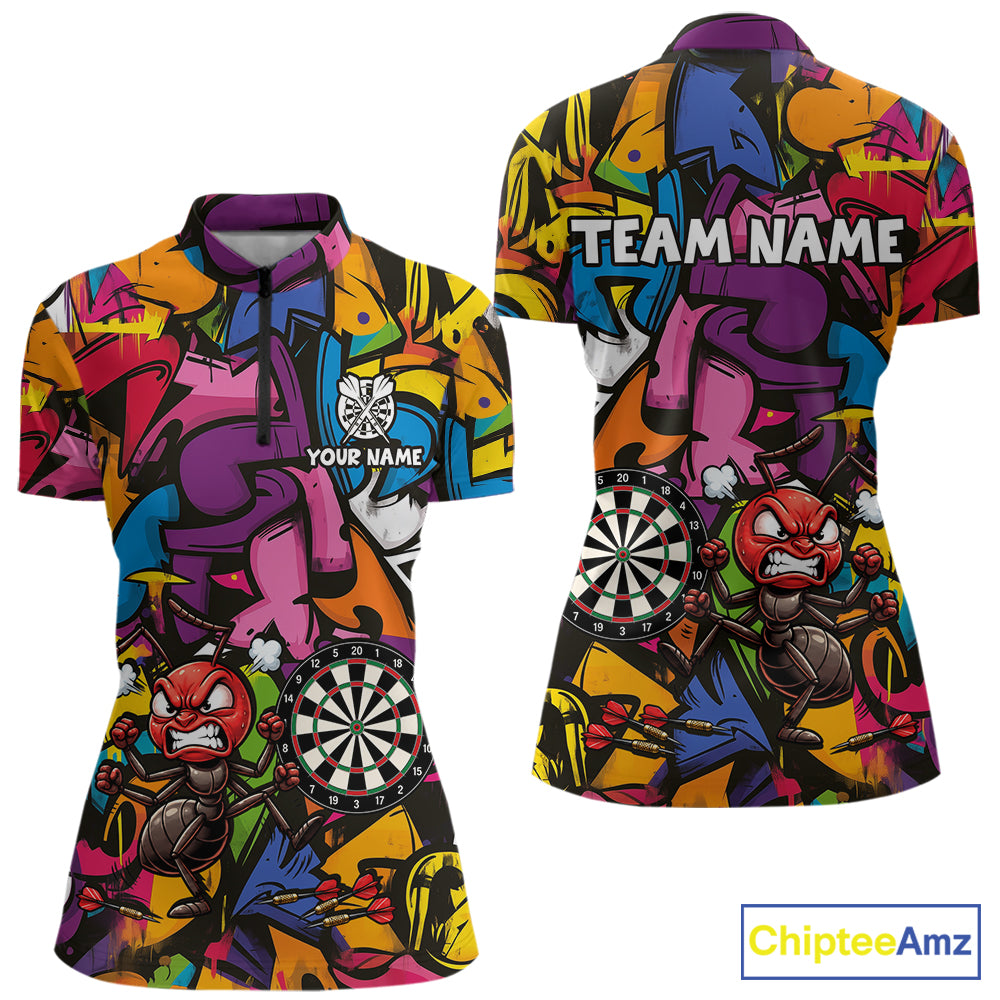 Personalized Angry Ant Darts Polo 1/4-Zip Shirt For Women Custom Graffiti Street Funny Darts Team Uniform NYN4470