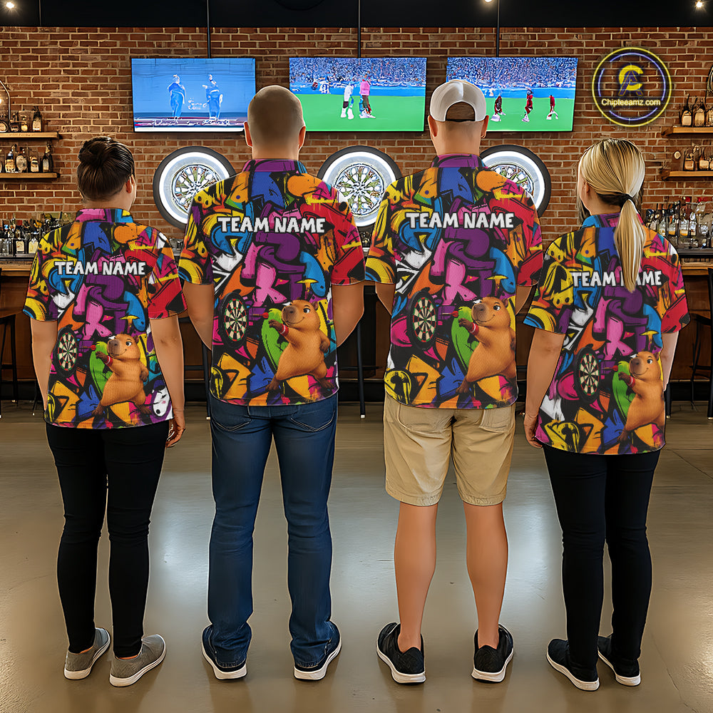 Personalized Capybara Darts Polo 1/4-Zip For Men Shirt Custom Graffiti Street Funny Darts Team Uniform NYN4469