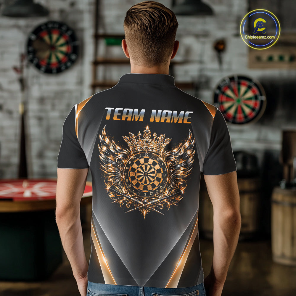 Custom Gold Silver Crown Winged Darts Polo 1/4-Zip Shirt For Men Darts Team Tournament Jersey NYN4855