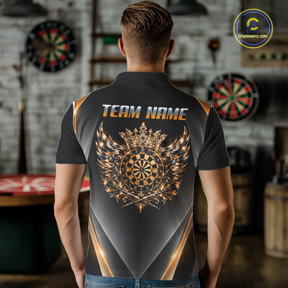 Custom Gold Silver Crown Winged Darts Polo 1/4-Zip Shirt For Men Darts Team Tournament Jersey NYN4855