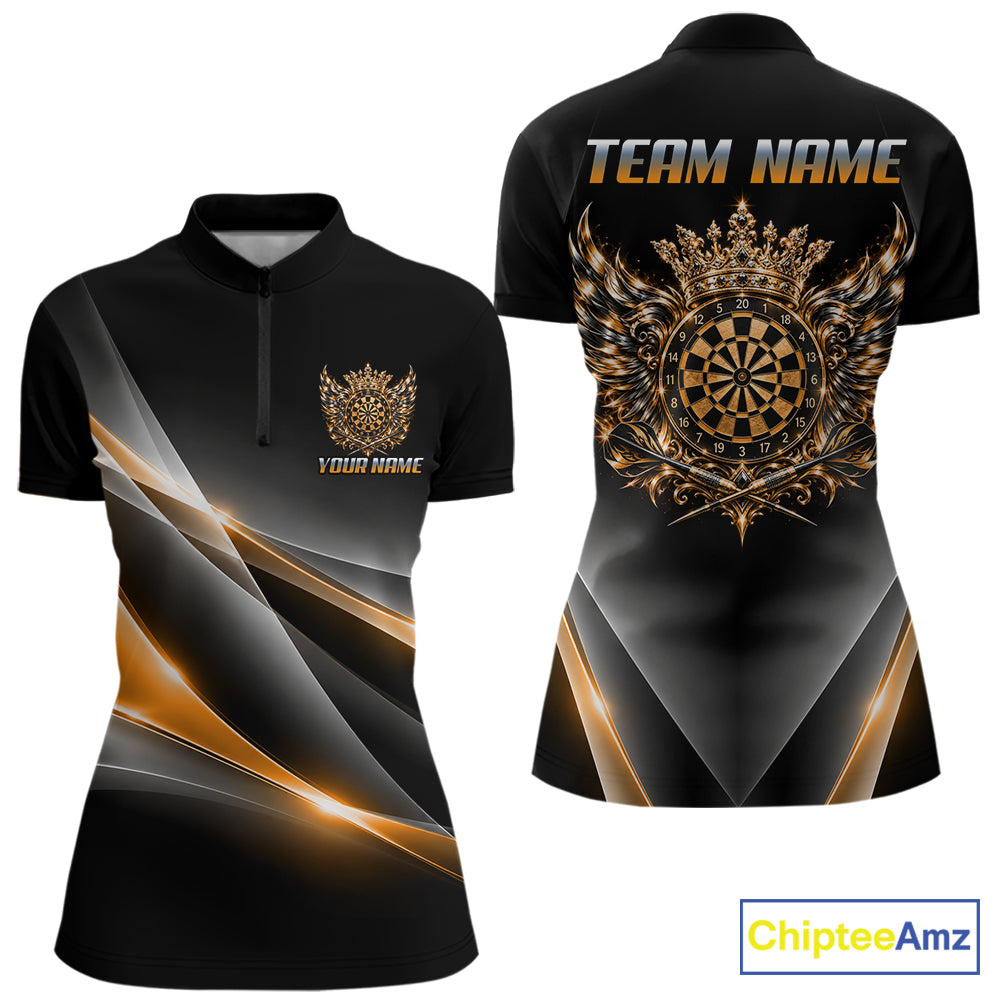 Custom Gold Silver Crown Winged Darts Polo 1/4-Zip Shirt For Women Darts Team Tournament Jersey NYN4855