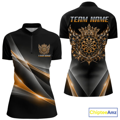 Custom Gold Silver Crown Winged Darts Polo 1/4-Zip Shirt For Women Darts Team Tournament Jersey NYN4855