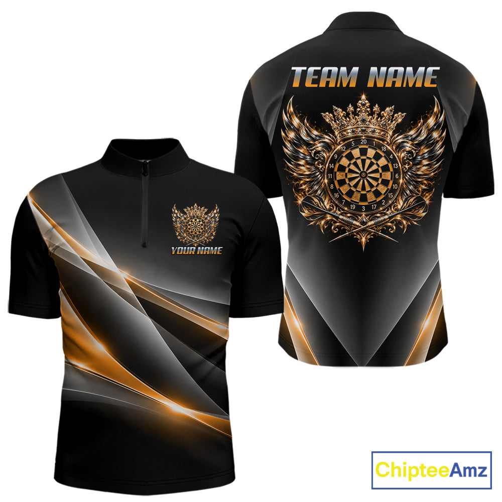 Custom Gold Silver Crown Winged Darts Polo 1/4-Zip Shirt For Men Darts Team Tournament Jersey NYN4855