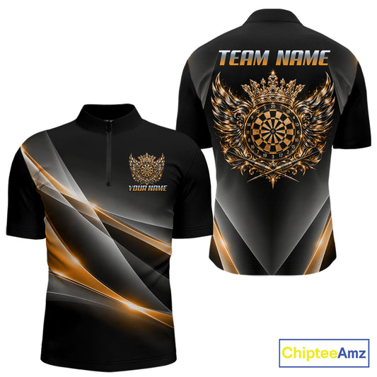 Custom Gold Silver Crown Winged Darts Polo 1/4-Zip Shirt For Men Darts Team Tournament Jersey NYN4855