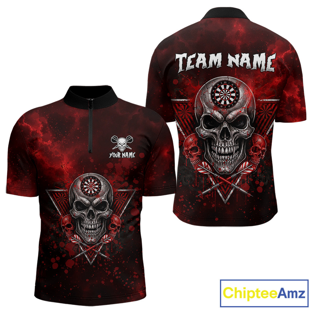 Custom Red Splatter Multi-Skull Men Darts Arrow Quarter-Zip League Shirts Dart Team Jerseys NYN2200
