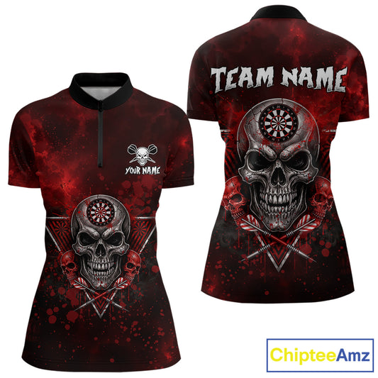 Custom Red Splatter Multi-Skull Women Darts Arrow Quarter-Zip League Shirts Dart Team Jerseys NYN2200