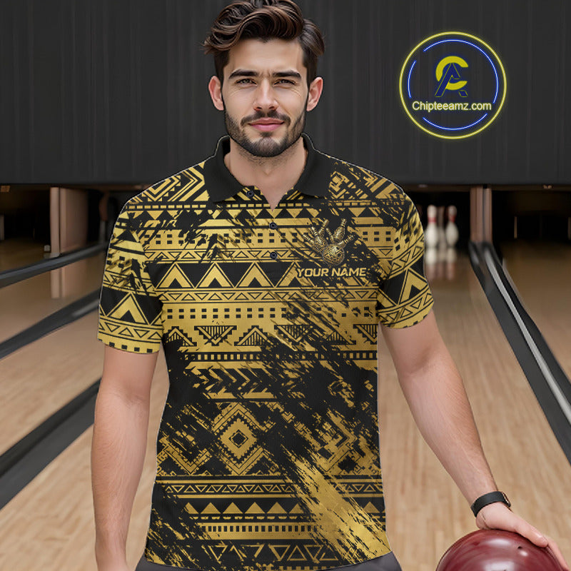 Male bowler wearing Gold Tribal bowling polo with tribal warrior graphics, island culture inspiration, personalized league jersey, competitive bowling apparel, leadership and strength symbolism.