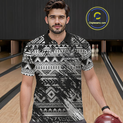 Male bowler wearing Silver Tribal bowling shirt featuring warrior-inspired graphics, custom league apparel, competitive sportswear, Polynesian symbolism.
