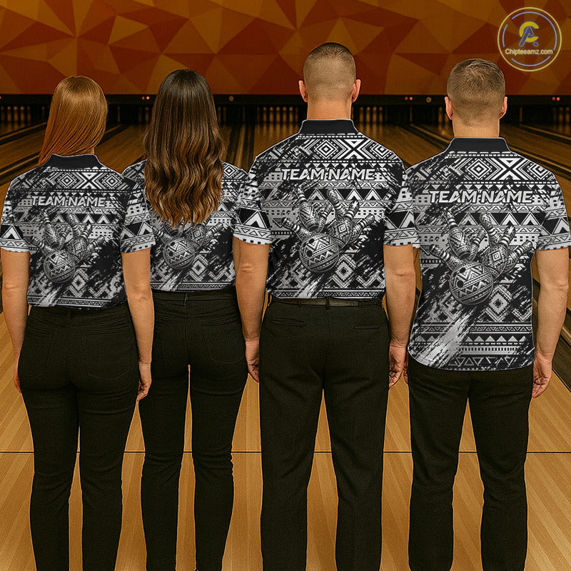 Bowling team wearing matching Silver Tribal bowling jerseys, personalized names, tribal-inspired uniforms, championship apparel, island heritage, teamwork, leadership, competitive league clothing.