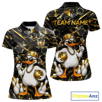 Grunge Gold & Black Funny Duck Bowling Polo featuring humorous duck mascot, personalized bowling team name, breathable performance polo, funny bowling league apparel, mascot sportswear, bowling tournament uniform, playful team clothing.