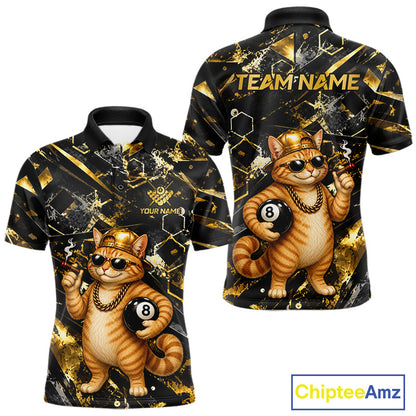 Funny Rich Cat Billiard Polo featuring rich cat artwork, personalized player name, custom billiards team shirt, moisture-wicking athletic polo, luxury-inspired sportswear, tournament-ready pool apparel, funny mascot design.