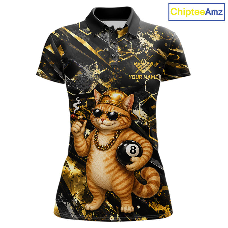 Gold & Black Funny Rich Cat 8 Ball Billiard Polo featuring a wealthy cat mascot with gold accents, personalized pool team name, breathable performance polo, custom 8 Ball tournament apparel, funny animal sportswear, luxury-inspired billiard jersey, casino theme, premium cue sports clothing