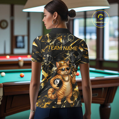 Female pool player wearing Rich Cat billiard jersey with gold luxury styling, symbolizing wealth, prosperity, confidence, ambition, success, casino lifestyle, entrepreneur spirit, humorous sports fashion, premium cue sports apparel.