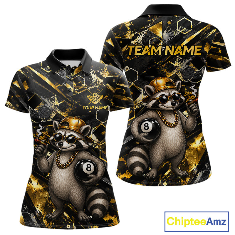 Gold & Black Funny Rich Raccoon 8 Ball Billiard Polo featuring a wealthy raccoon mascot with stacks of cash and gold accents, personalized team name, breathable performance polo, custom pool tournament jersey, funny mascot sportswear, luxury-inspired cue sports apparel.