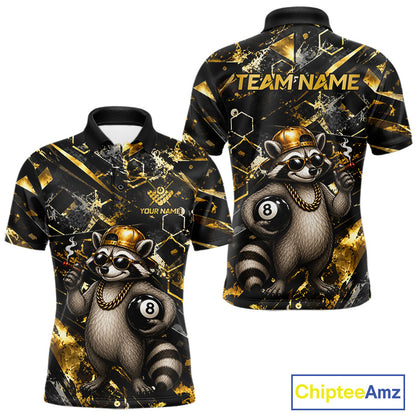 Funny Rich Raccoon Billiard Polo featuring rich raccoon artwork, personalized player name, custom billiards team jersey, moisture-wicking athletic polo, championship sportswear, humorous luxury mascot design.