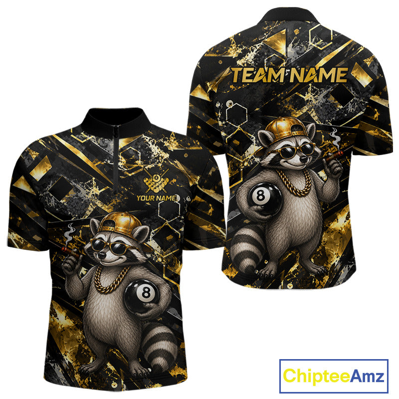 Funny Rich Raccoon Quarter-Zip Billiard Shirt featuring wealthy raccoon graphics, personalized team logo, performance cue sports apparel, custom tournament clothing, premium league jersey.
