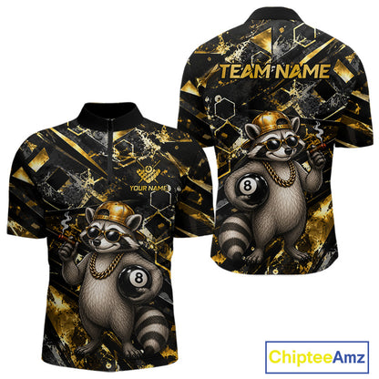 Funny Rich Raccoon Quarter-Zip Billiard Shirt featuring wealthy raccoon graphics, personalized team logo, performance cue sports apparel, custom tournament clothing, premium league jersey.