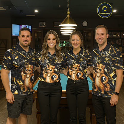 Pool team wearing matching Rich Cat jerseys featuring personalized names, funny luxury mascot graphics, tournaments, casino night events, bar league apparel, corporate team building, prosperity, teamwork, championship success symbolism.