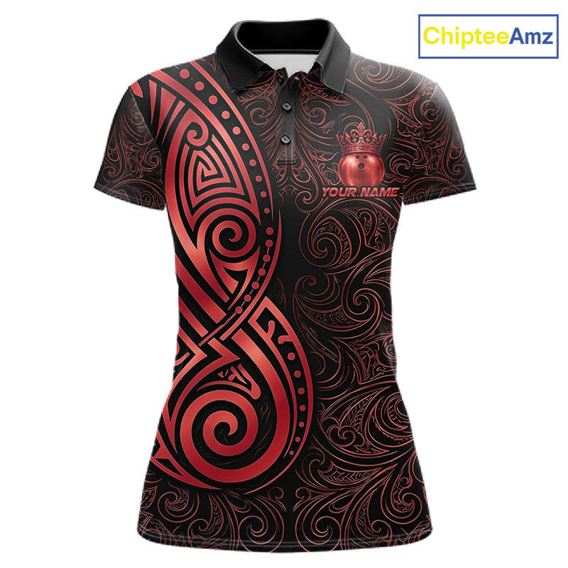 Black And Red Crown Bowling Ball Polo & 1/4-Zip Shirts For Men Custom Tribal Bowling Team Jerseys NYN4479