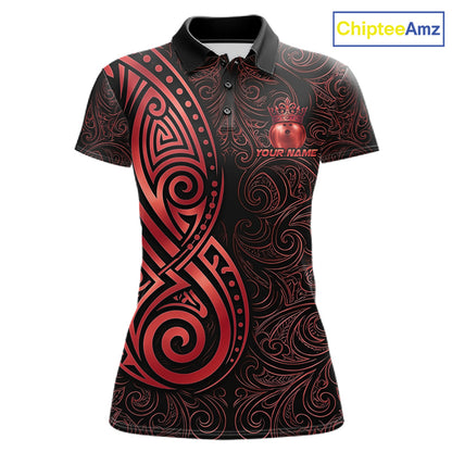 Black And Red Crown Bowling Ball Polo & 1/4-Zip Shirts For Men Custom Tribal Bowling Team Jerseys NYN4479