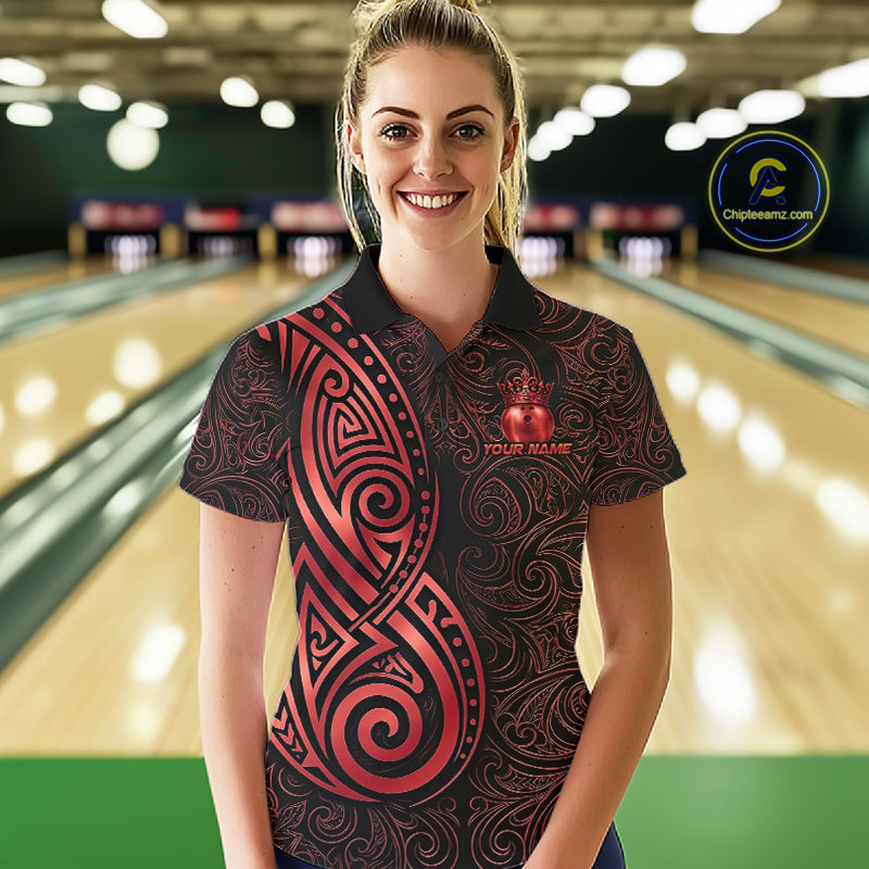 Black And Red Crown Bowling Ball Polo & 1/4-Zip Shirts For Men Custom Tribal Bowling Team Jerseys NYN4479