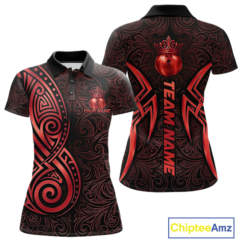Black And Red Crown Bowling Ball Polo & 1/4-Zip Shirts For Men Custom Tribal Bowling Team Jerseys NYN4479