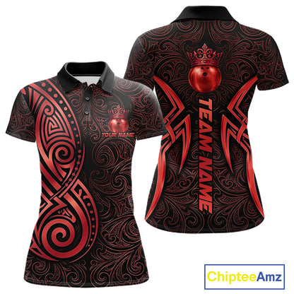 Black And Red Crown Bowling Ball Polo & 1/4-Zip Shirts For Men Custom Tribal Bowling Team Jerseys NYN4479