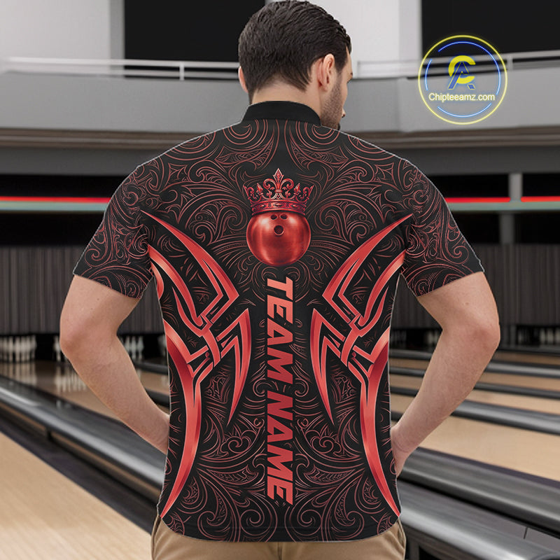 Black And Red Crown Bowling Ball Polo & 1/4-Zip Shirts For Women Custom Tribal Bowling Team Jerseys NYN4479