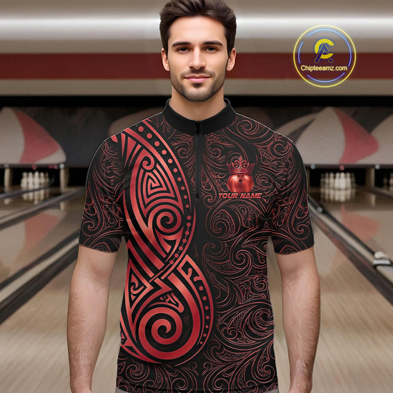 Black And Red Crown Bowling Ball Polo & 1/4-Zip Shirts For Women Custom Tribal Bowling Team Jerseys NYN4479