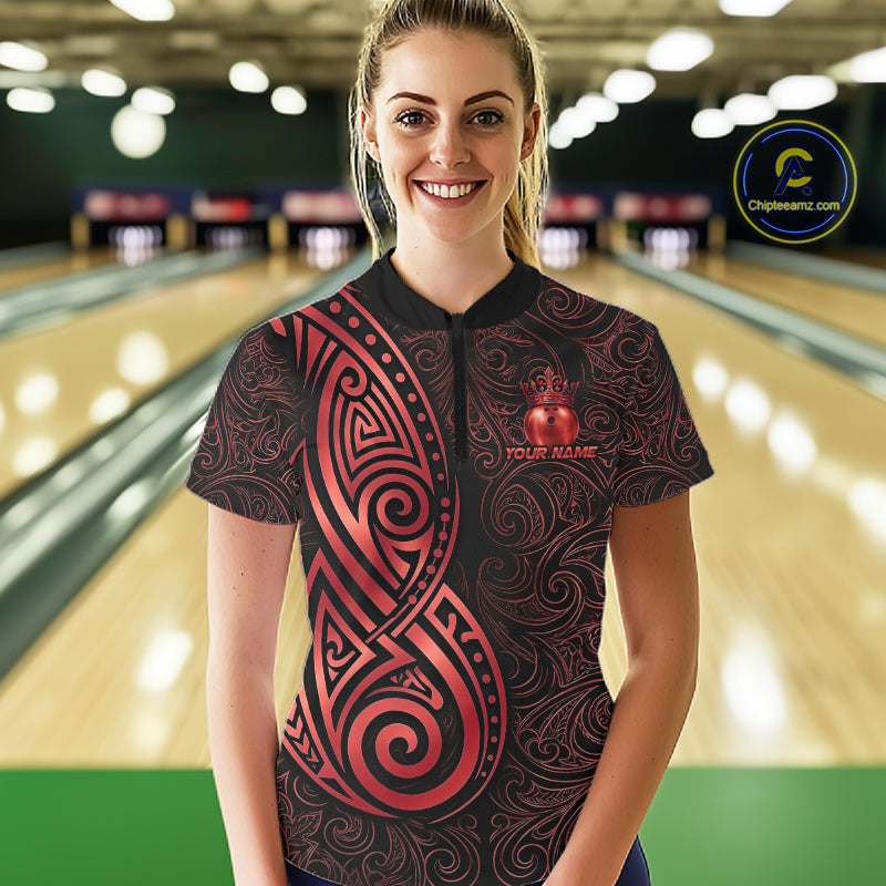 Black And Red Crown Bowling Ball Polo & 1/4-Zip Shirts For Men Custom Tribal Bowling Team Jerseys NYN4479