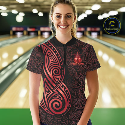 Black And Red Crown Bowling Ball Polo & 1/4-Zip Shirts For Men Custom Tribal Bowling Team Jerseys NYN4479