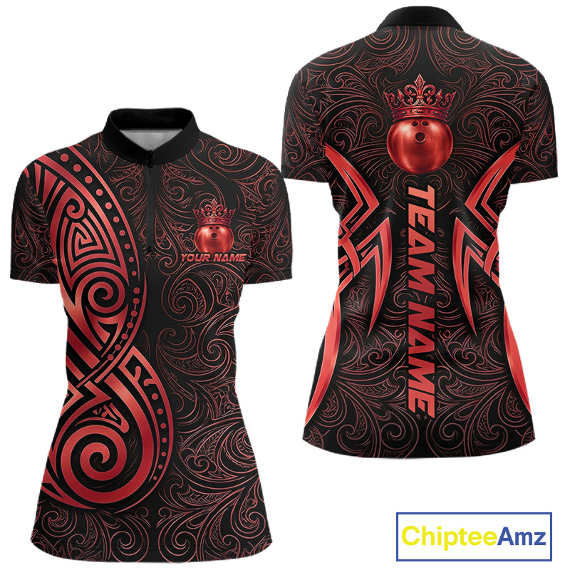 Black And Red Crown Bowling Ball Polo & 1/4-Zip Shirts For Men Custom Tribal Bowling Team Jerseys NYN4479